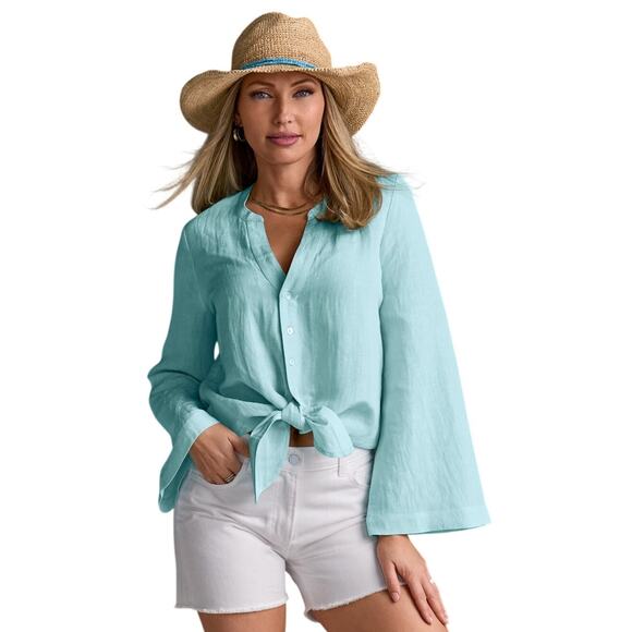 Boston Proper Tops - Boston Proper Linen Flare Sleeve Tie Front Top Aqua Splash Blue XL